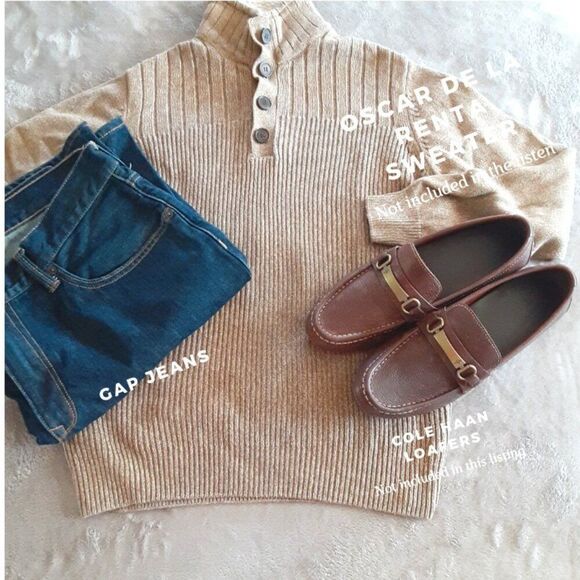 Oscar De La Renta Tan Sherpa Collar Sweater Size S - Picture 3 of 9